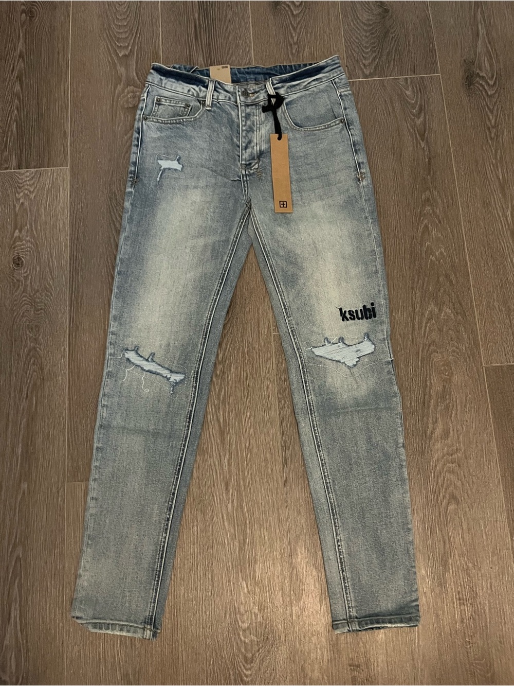 Ksubi Men's Washed Light Blue Distressed Skinny Jeans